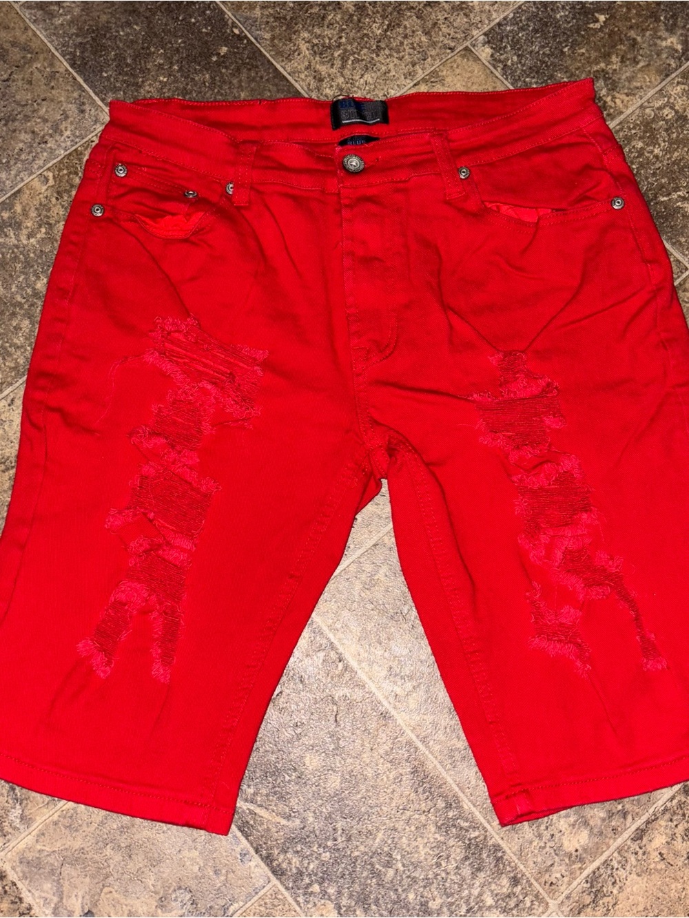 Blue Stitch Men's Red Distressed Denim Shorts
